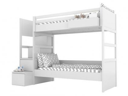 Bílá dětská patrová postel SIMONE s úložnými schody a policí 90x200 cm (Zvolte stranu Vpravo)
