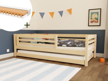 Vysoká dětská dřevěná postel TULY se zábranou a přistýlkou 90x200 + matrace WAVE