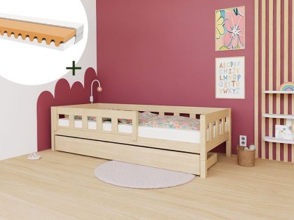 Vysoká jednolůžková postel PLOTTY se zábranou a úložným šuplíkem 90x200 cm + matrace WAVE