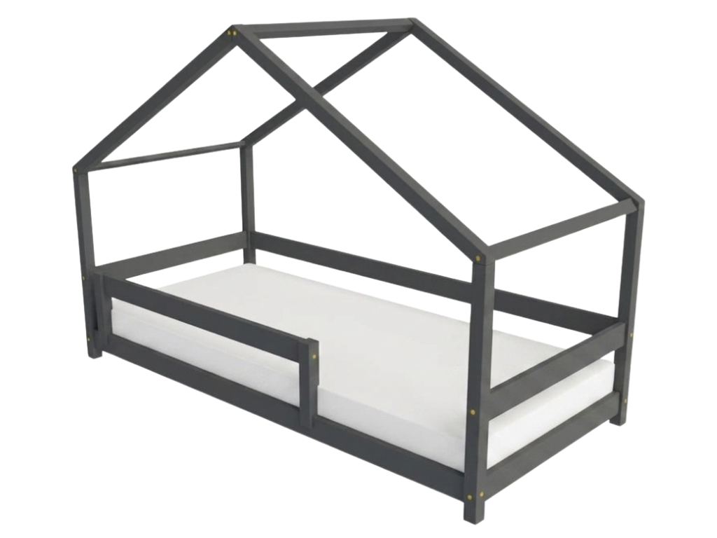 Levně Benlemi Dětská postel domeček LUCKY s předním štítem Zvolte barvu: Tmavě šedá, Zvolte rozměr: 120x180 cm, Zvolte zábranu: S přední zábranou