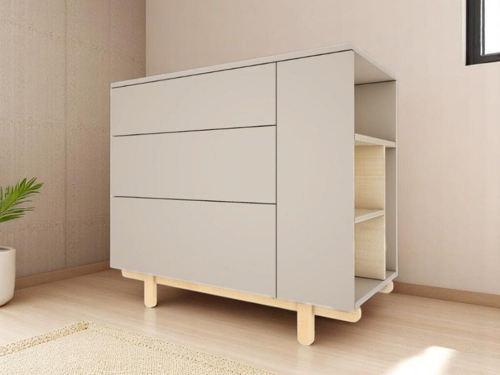 Dětská komoda se třemi šuplíky a otevřeným regálem BASIC kašmírová