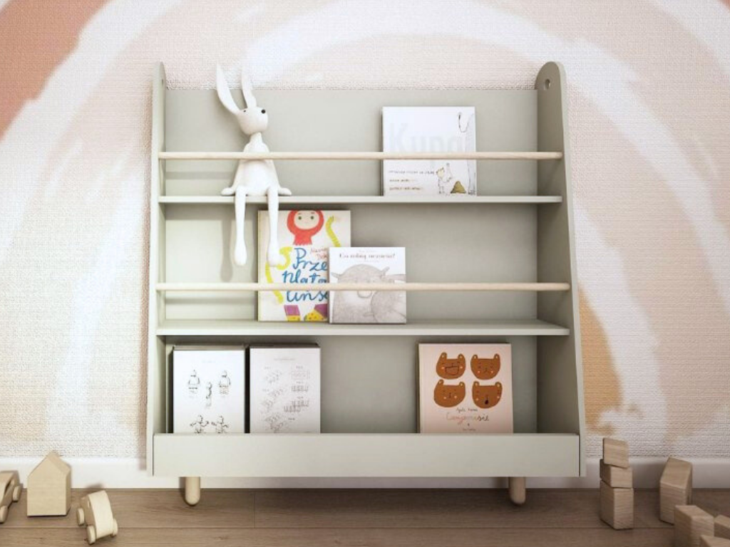 Levně Dětský Montessori regál se 3 prostornými policemi BOOKWORM olivový
