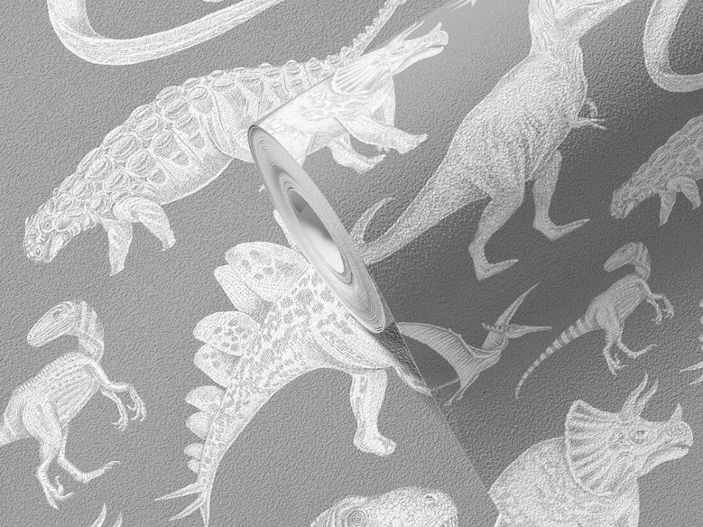 Levně Omyvatelná dětská tapeta na zeď DINOSAUŘI šedá