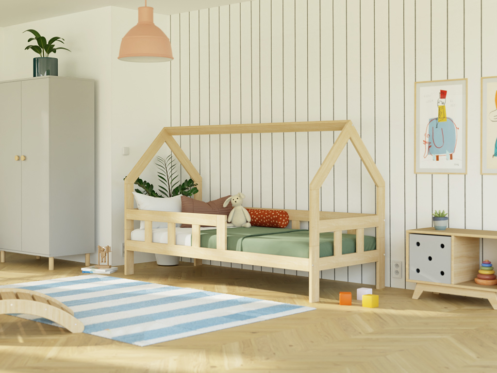 Levně Benlemi Dětská postel domeček FENCE 2v1 ze dřeva se zábranou Zvolte barvu: Pastelově růžová, Zvolte rozměr: 90x190 cm, Zvolte zábranu: S jednou zábra…