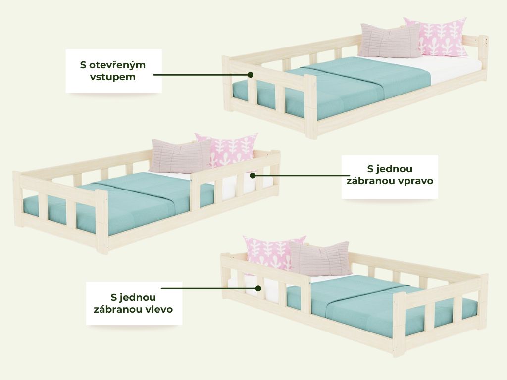 Benlemi Nízká jednolůžková postel FENCE 4v1 se zábranou Zvolte barvu: Bílá, Zvolte rozměr: 140x200 cm, Zvolte zábranu: S otevřeným vstupem (obrázek 4)