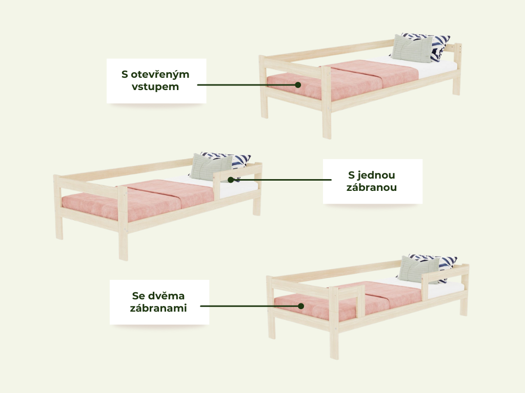 Benlemi Jednolůžková postel ze dřeva SAFE 5v1 se zábranou Zvolte barvu: Nelakovaná, Zvolte rozměr: 140x200 cm, Zvolte zábranu: S otevřeným vstupem (obrázek 5)