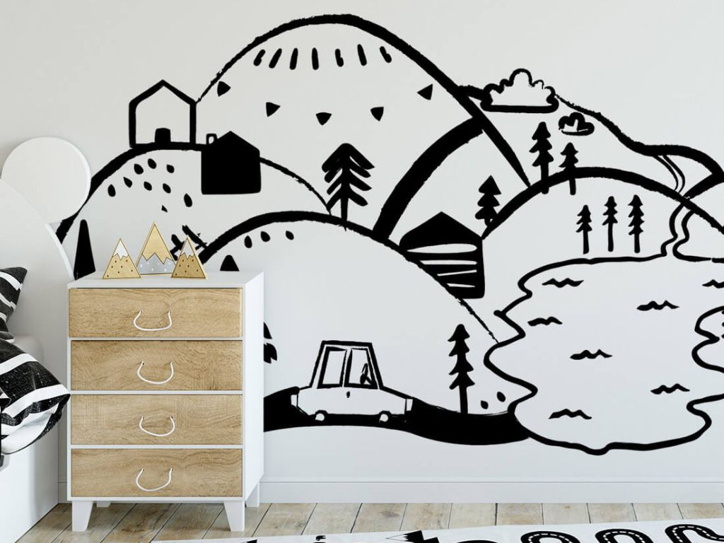 Levně Dětská nástěnná samolepka HORY černobílá Zvolte rozměr: S (150 x 66 cm)