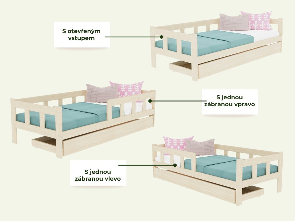 Benlemi Jednolůžko FENCE 4v1 90x200 cm se zábranou a úložným šuplíkem + matrace ADAPTIC Zvolte barvu: Nelakovaná, Zvolte zábranu: S otevřeným vstupem (obrázek 3)