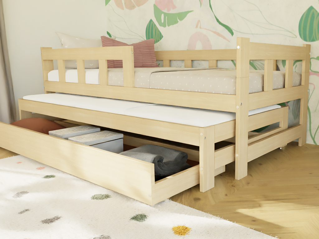 Benlemi Jednolůžko FENCE 90x200 3v1 se zábranou, přistýlkou a úložným šuplíkem Zvolte barvu: Nelakovaná, Zvolte zábranu: S otevřeným vstupem (obrázek 6)