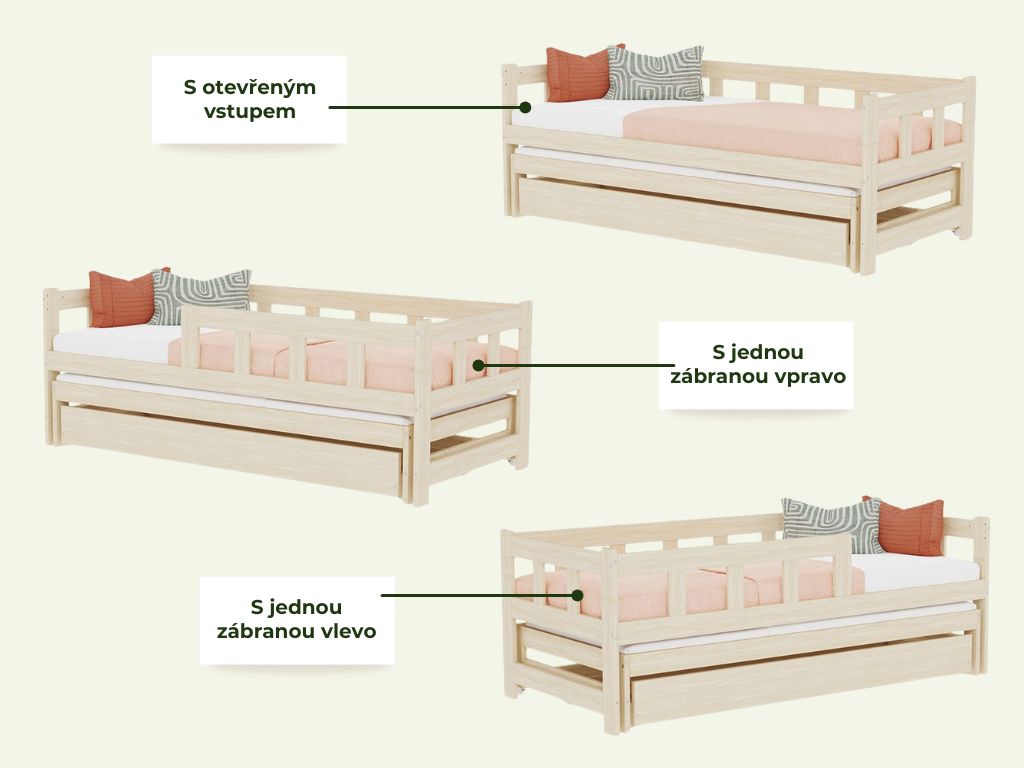 Benlemi Jednolůžko FENCE 90x200 3v1 se zábranou, přistýlkou a úložným šuplíkem Zvolte barvu: Nelakovaná, Zvolte zábranu: S otevřeným vstupem (obrázek 3)