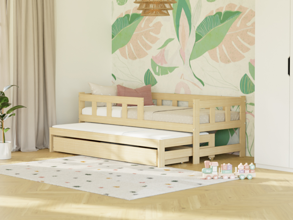 Levně Benlemi Jednolůžko FENCE 90x200 3v1 se zábranou, přistýlkou a úložným šuplíkem Zvolte barvu: Nelakovaná, Zvolte zábranu: S jednou zábranou vlevo