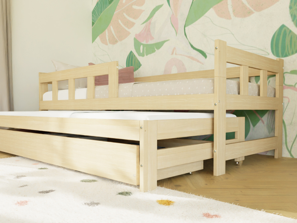 Benlemi Jednolůžko FENCE 90x200 3v1 se zábranou, přistýlkou a úložným šuplíkem Zvolte barvu: Nelakovaná, Zvolte zábranu: S otevřeným vstupem (obrázek 5)