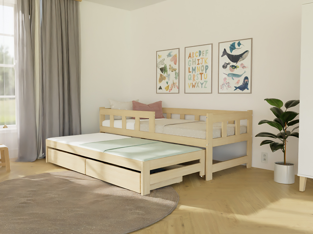 Benlemi Jednolůžko FENCE 90x200 3v1 se zábranou, přistýlkou a 2 úložnými šuplíky Zvolte barvu: Světle šedá, Zvolte zábranu: S jednou zábranou vpravo