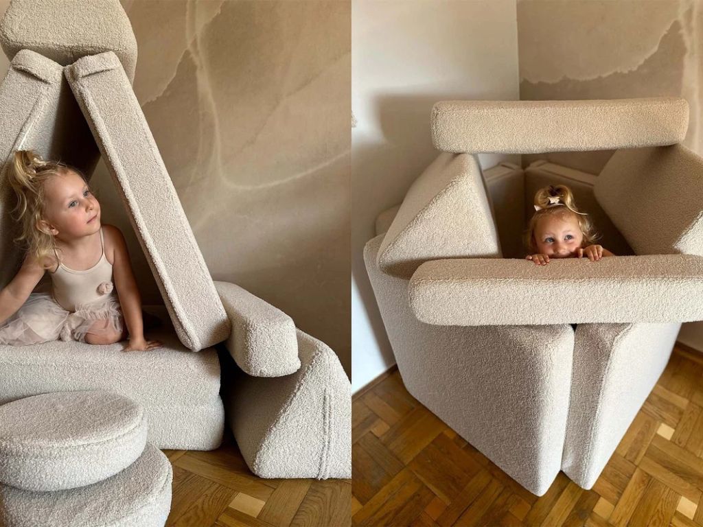 Velký multifunkční skládací bunkr z bouclé SOFA Zvolte barvu: Krémová bílá (obrázek 7)