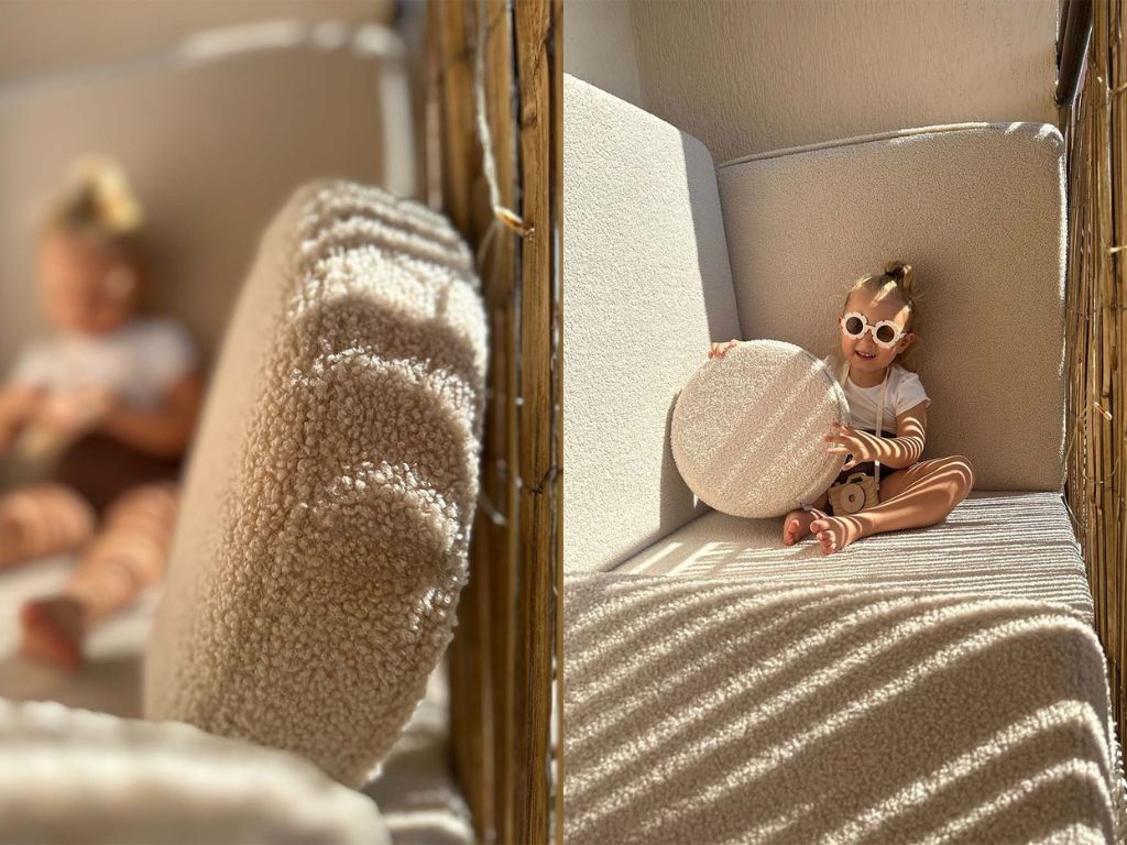 Velký multifunkční skládací bunkr z bouclé SOFA Zvolte barvu: Krémová bílá (obrázek 6)