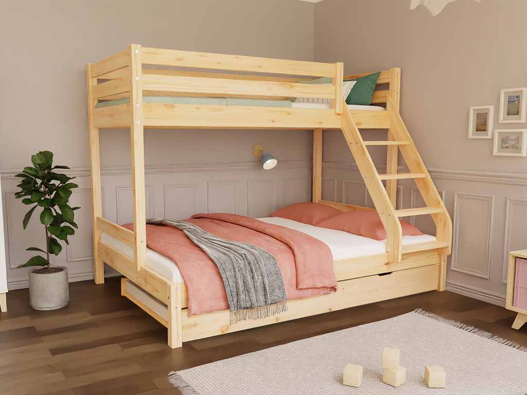 Levně Patrová postel ze dřeva ARARAT pro 3 osoby Zvolte barvu: Bílá, Zvolte rozměr: 80x200 a 120x200 cm, Zvolte šuplík: Přistýlka 90x190 cm