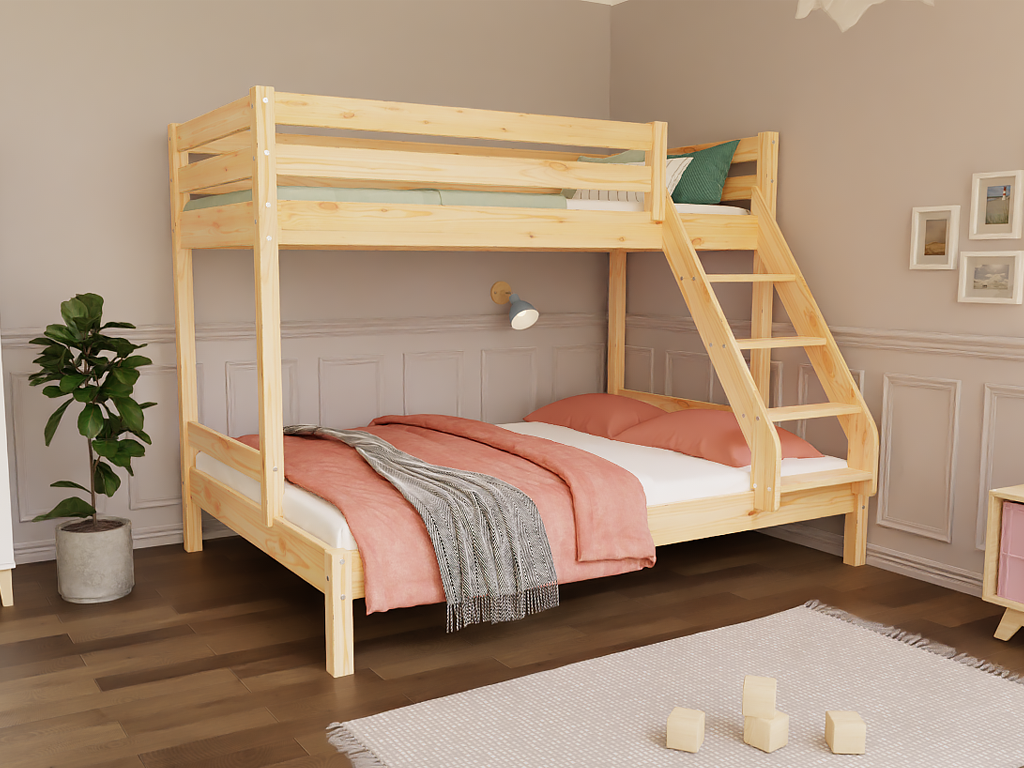 Levně Patrová postel ze dřeva ARARAT pro 3 osoby Zvolte barvu: Transparentní lazura, Zvolte rozměr: 80x200 a 120x200 cm, Zvolte šuplík: Bez šuplíku