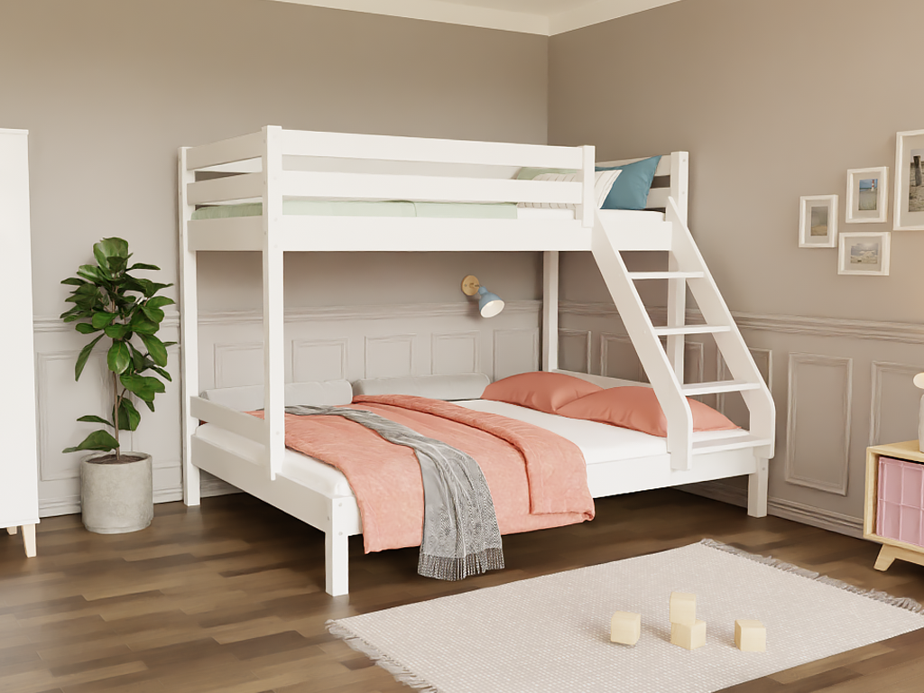 Levně Patrová postel ze dřeva ARARAT pro 3 osoby Zvolte barvu: Bílá, Zvolte rozměr: 80x200 a 120x200 cm, Zvolte šuplík: Bez šuplíku