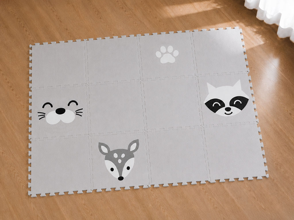 Dětská pěnová puzzle podlaha ŠEDÁ se zvířátky z 12 dílů