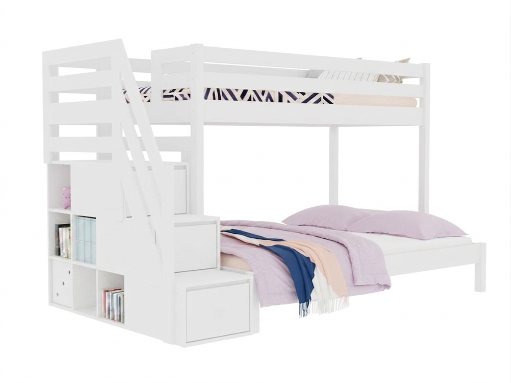 Benlemi Patrová postel ARARAT pro 3 osoby s úložnými schody Zvolte barvu: Bílá, Zvolte rozměr: 90x200 a 140x200 cm, Zvolte šuplík: Bez šuplíku