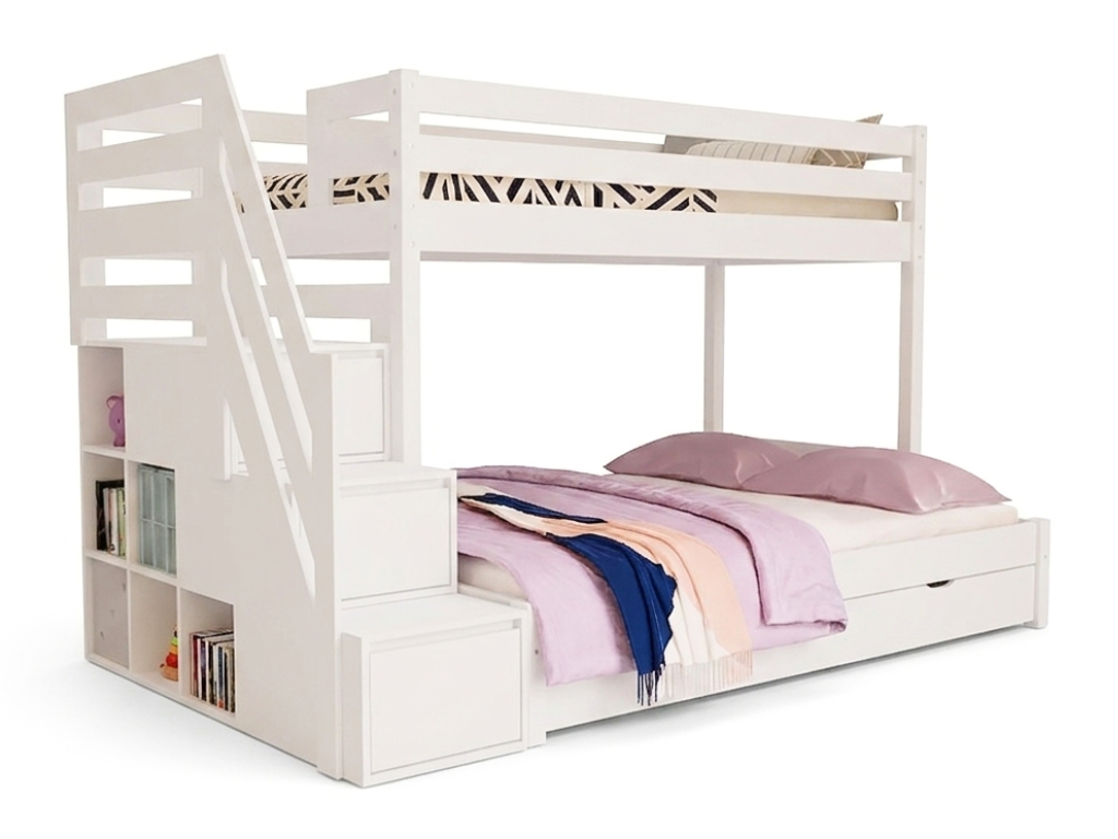 Benlemi Patrová postel ARARAT pro 3 osoby s úložnými schody Zvolte barvu: Bílá, Zvolte rozměr: 80x200 a 120x200 cm, Zvolte šuplík: Přistýlka 90x190 cm