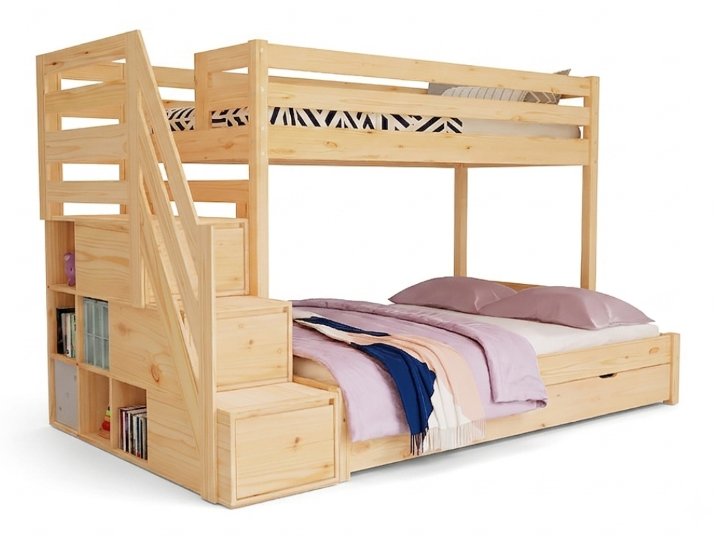 Benlemi Patrová postel ARARAT pro 3 osoby s úložnými schody Zvolte barvu: Transparentní lazura, Zvolte rozměr: 90x200 a 140x200 cm, Zvolte šuplík: Úl…