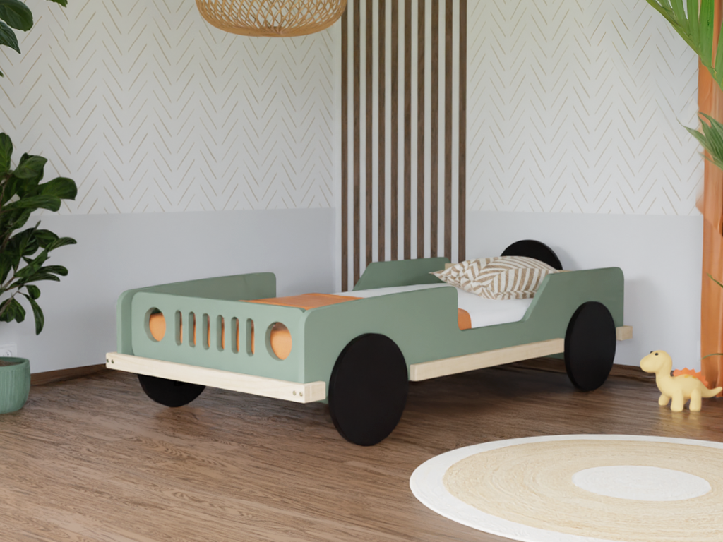 Benlemi Dětská auto postel ve tvaru JEEPU BEEP 80x160 cm Zvolte barvu: Šalvějová zelená