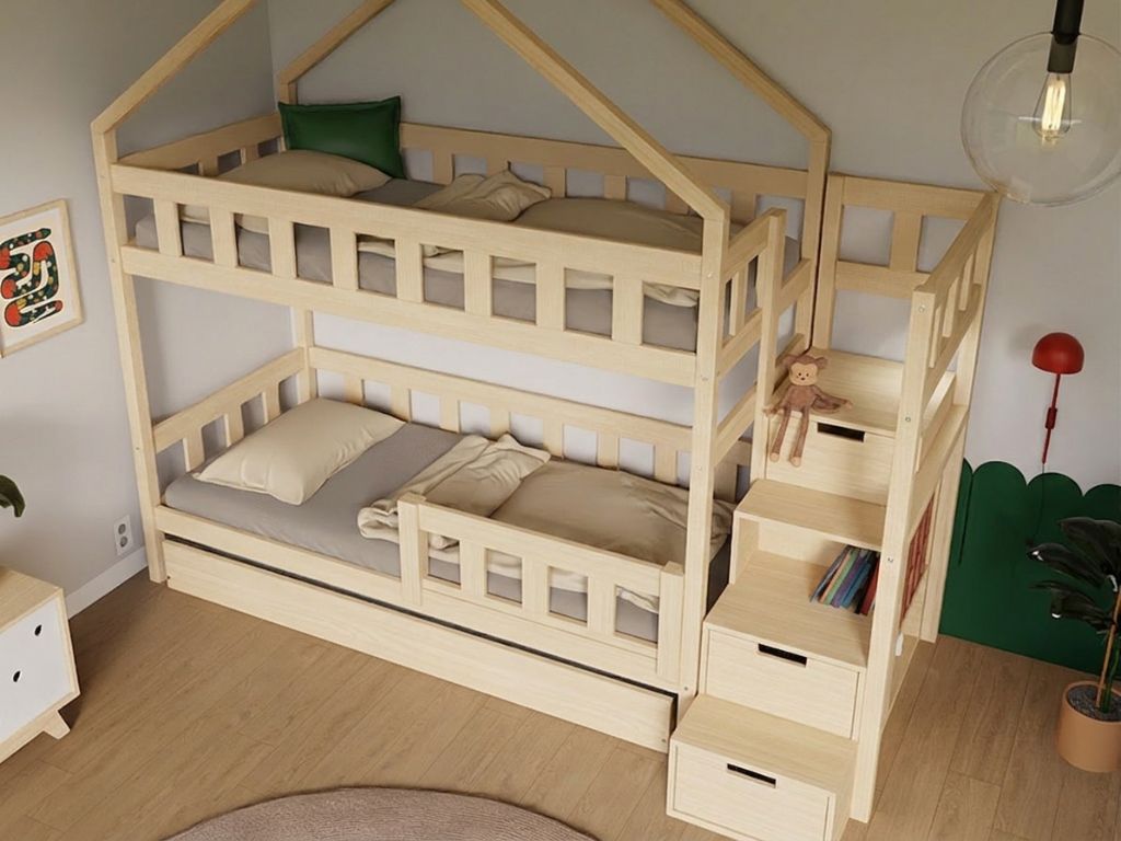 Benlemi Domečková patrová postel PLOTTY s úložnými schody 90x200 cm Zvolte barvu: Bílá, Zvolte šuplík: Úložný šuplík, Zvolte stranu: Vlevo (obrázek 6)