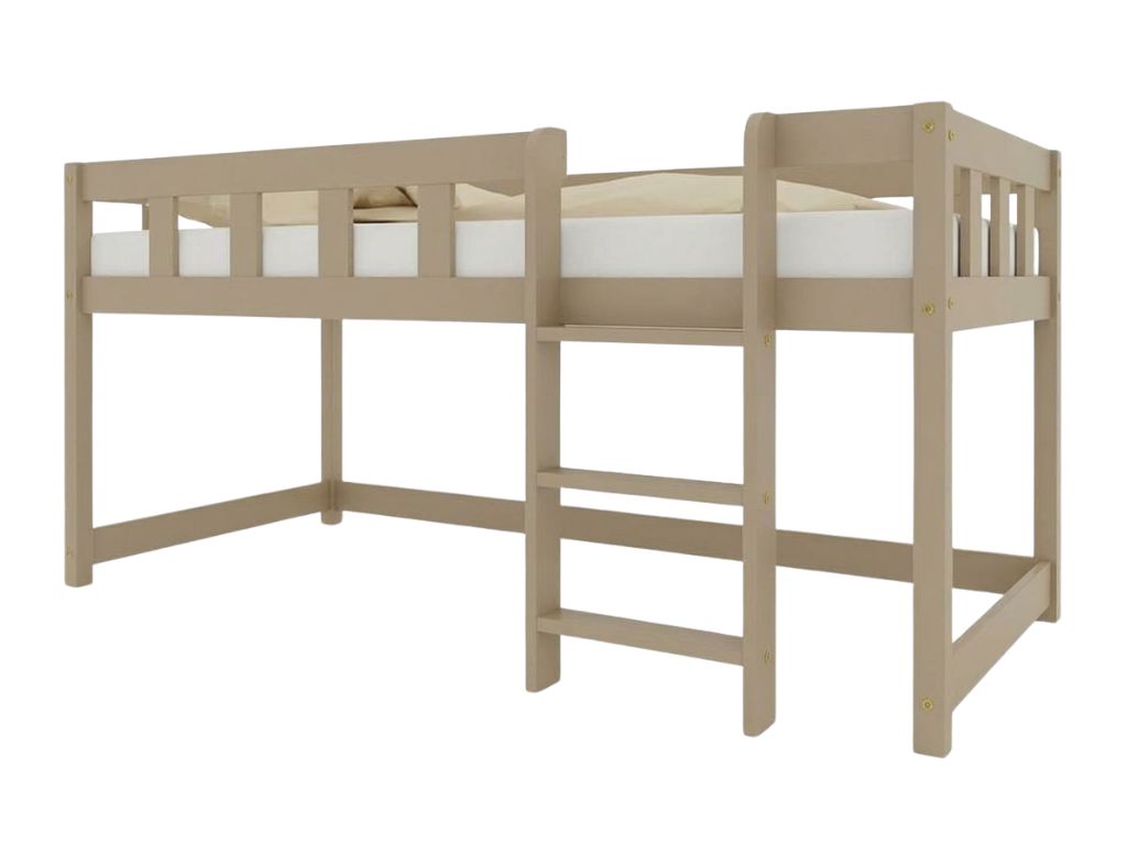 Benlemi Nízká vyvýšená postel PLOTTY s žebříkem 90x200 cm Zvolte barvu: Béžová, Zvolte stranu: Vpravo, Zvolte variantu: Se závěsem