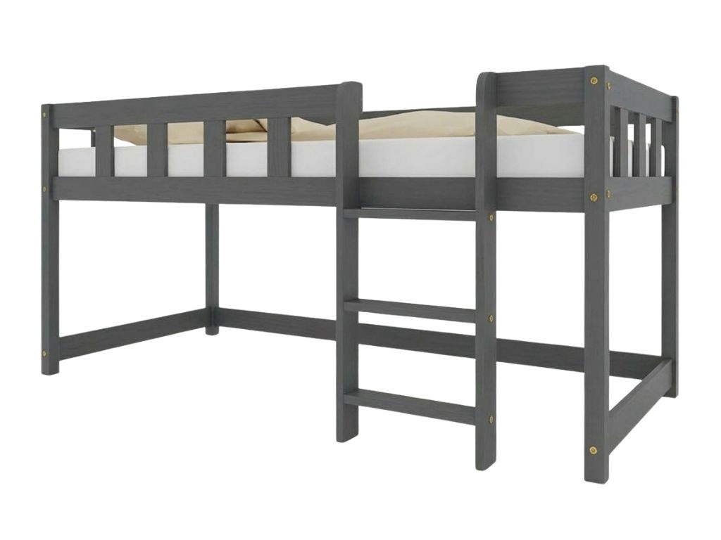 Benlemi Nízká vyvýšená postel PLOTTY s žebříkem 90x200 cm Zvolte barvu: Tmavě šedá, Zvolte stranu: Vpravo, Zvolte variantu: Se závěsem