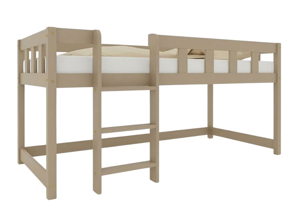 Benlemi Nízká vyvýšená postel PLOTTY s žebříkem 90x200 cm Zvolte barvu: Béžová, Zvolte stranu: Vlevo, Zvolte variantu: Bez závěsu
