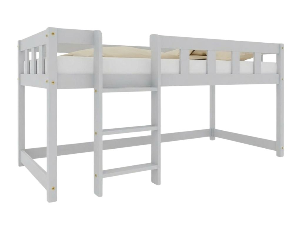 Benlemi Nízká vyvýšená postel PLOTTY s žebříkem 90x200 cm Zvolte barvu: Světle šedá, Zvolte stranu: Vlevo, Zvolte variantu: Se závěsem