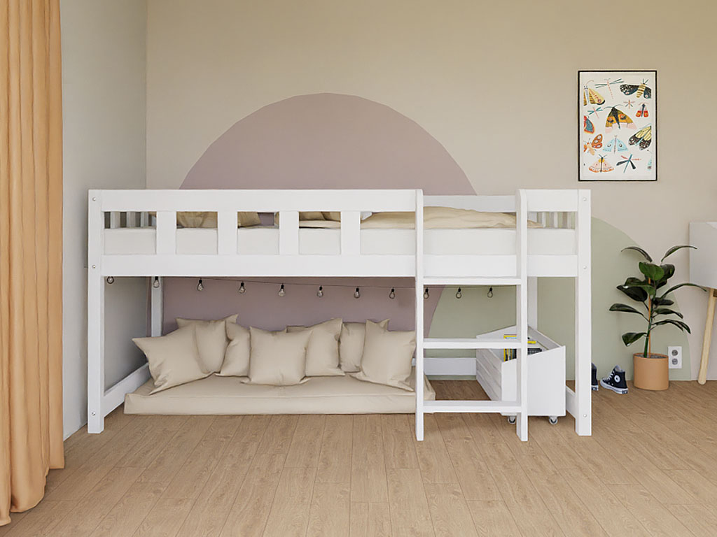 Levně Benlemi Nízká vyvýšená postel PLOTTY s žebříkem 90x200 cm Zvolte barvu: Bílá, Zvolte stranu: Vlevo, Zvolte variantu: Bez závěsu