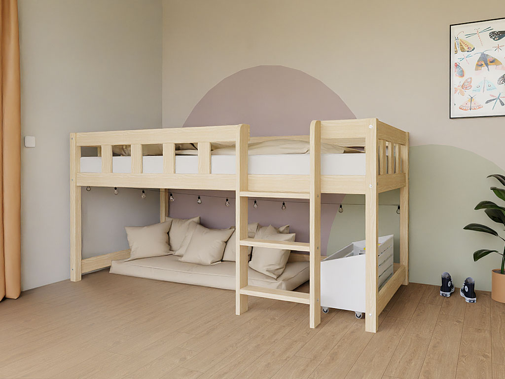 Levně Benlemi Nízká vyvýšená postel PLOTTY s žebříkem 90x200 cm Zvolte barvu: Béžová, Zvolte stranu: Vlevo, Zvolte variantu: Bez závěsu