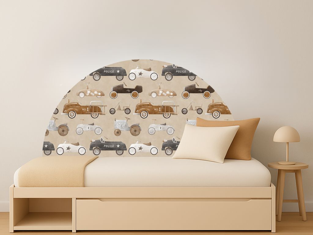Levně Samolepka na zeď PŮLKRUH do dětského pokoje RETRO AUTA Zvolte rozměr: 120x60 cm