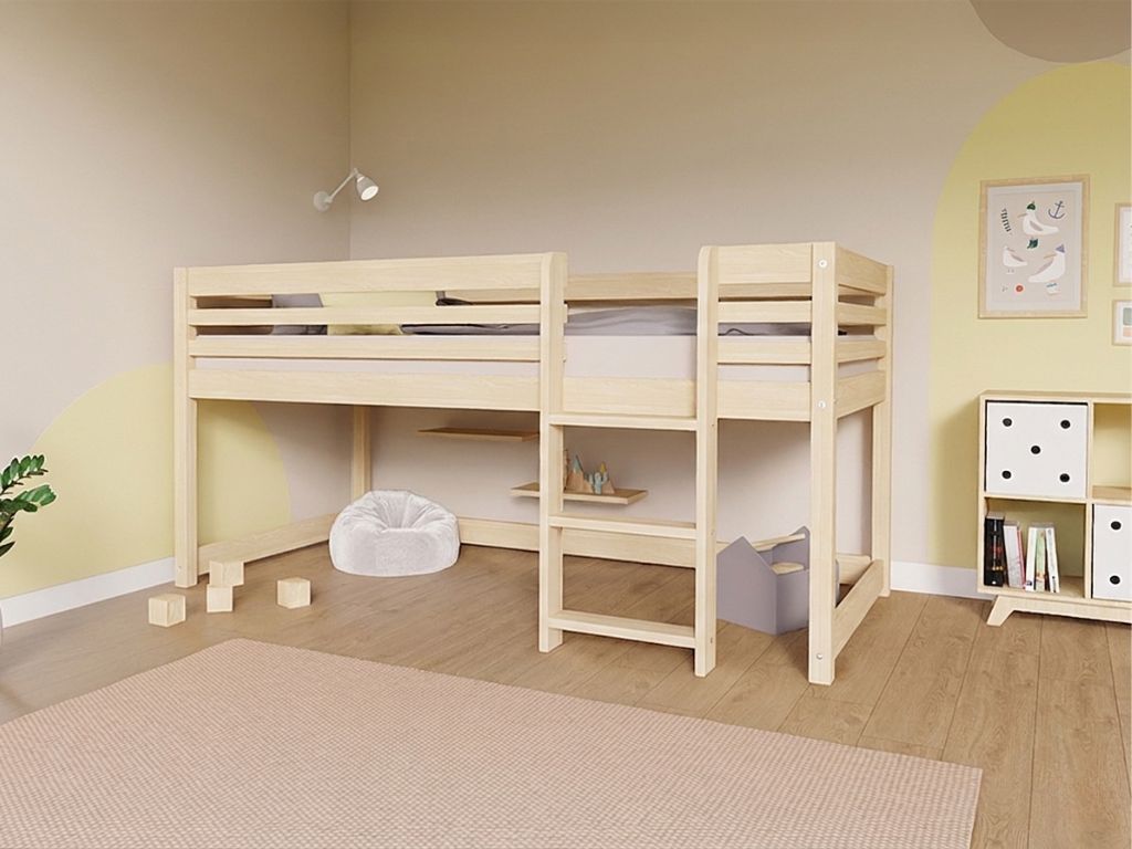 Levně Benlemi Nízká vyvýšená postel TULY s žebříkem 90x200 cm Zvolte barvu: Béžová, Zvolte stranu: Vlevo, Zvolte variantu: Bez závěsu