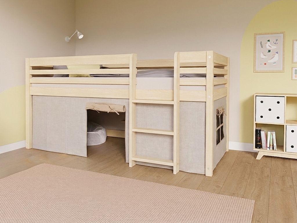 Levně Benlemi Nízká vyvýšená postel TULY s žebříkem 90x200 cm Zvolte barvu: Béžová, Zvolte stranu: Vlevo, Zvolte variantu: Se závěsem