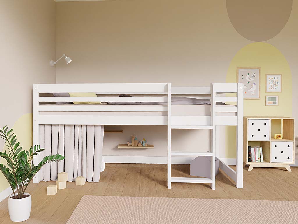 Levně Benlemi Nízká vyvýšená postel TULY s žebříkem 90x200 cm Zvolte barvu: Bílá, Zvolte stranu: Vlevo, Zvolte variantu: Bez závěsu