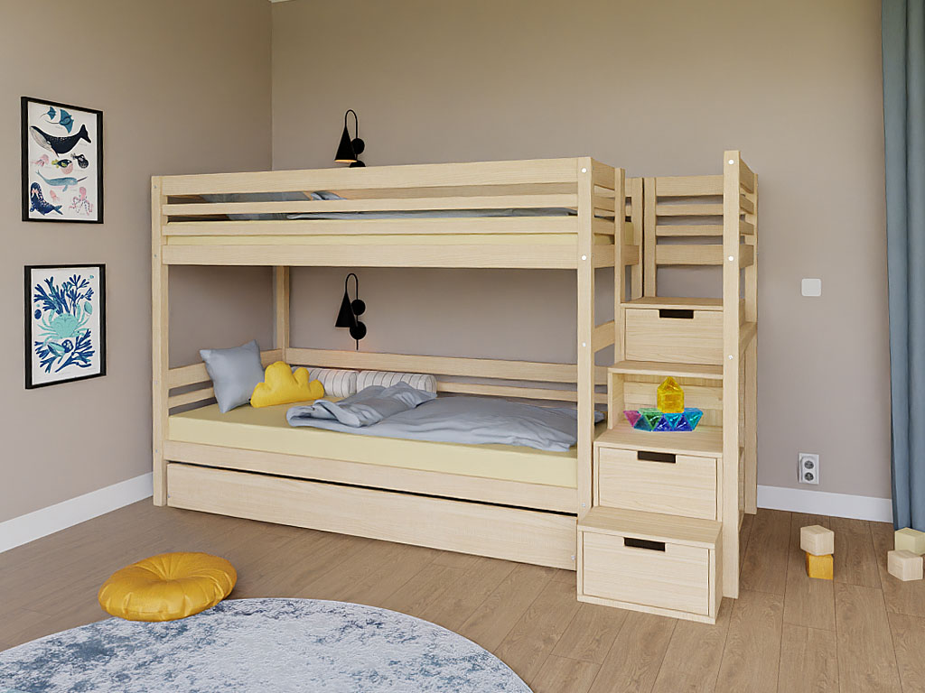 Levně Benlemi Patrová postel TULY s úložnými schody 90x200 cm Zvolte barvu: Béžová, Zvolte šuplík: Bez šuplíku, Zvolte stranu: Vlevo