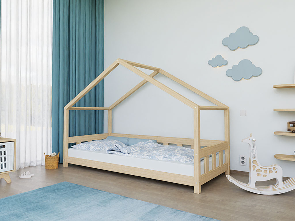 Levně Benlemi Domečková postel PLOTTY s předním štítem Zvolte barvu: Béžová, Zvolte rozměr: 120x180 cm, Zvolte zábranu: S otevřeným vstupem