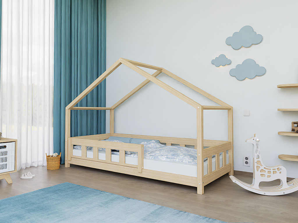 Levně Benlemi Domečková postel PLOTTY s předním štítem Zvolte barvu: Béžová, Zvolte rozměr: 120x180 cm, Zvolte zábranu: S jednou zábranou