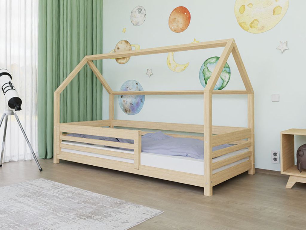 Levně Benlemi Domečková postel TULY s bočním štítem Zvolte barvu: Béžová, Zvolte rozměr: 120x180 cm, Zvolte zábranu: S jednou zábranou