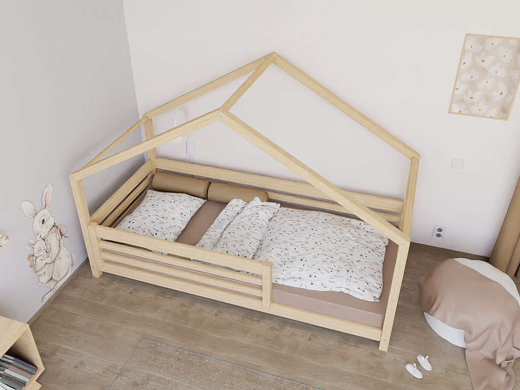 Benlemi Domečková postel TULY s předním štítem Zvolte barvu: Nelakovaná, Zvolte rozměr: 80x160 cm, Zvolte zábranu: S jednou zábranou (obrázek 7)