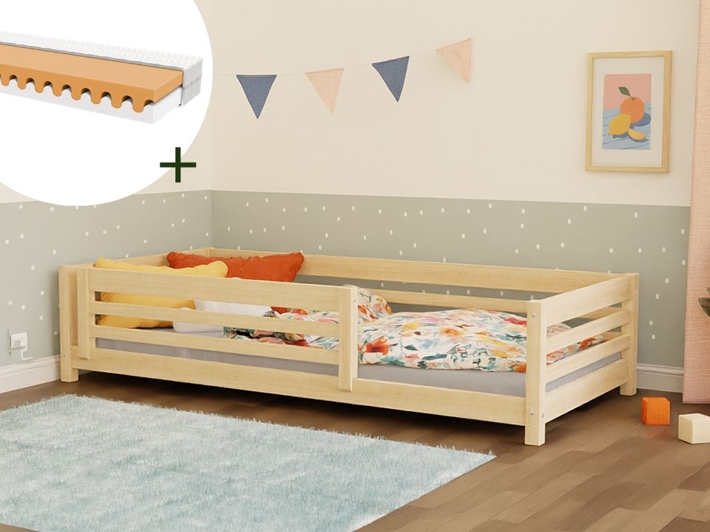 Levně Benlemi Nízká dětská dřevěná postel TULY se zábranou 90x200 cm + matrace WAVE Zvolte barvu: Béžová, Zvolte zábranu: S jednou zábranou
