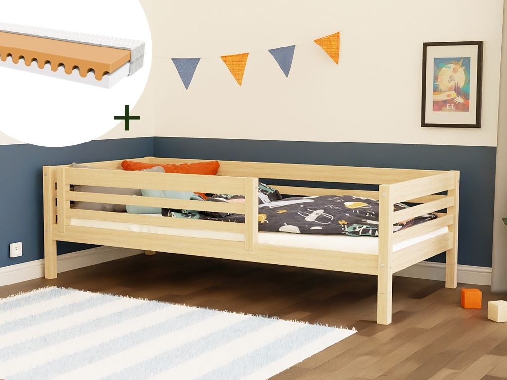Benlemi Vysoká dětská dřevěná postel TULY se zábranou 90x200 + matrace WAVE Zvolte barvu: Béžová, Zvolte zábranu: S otevřeným vstupem