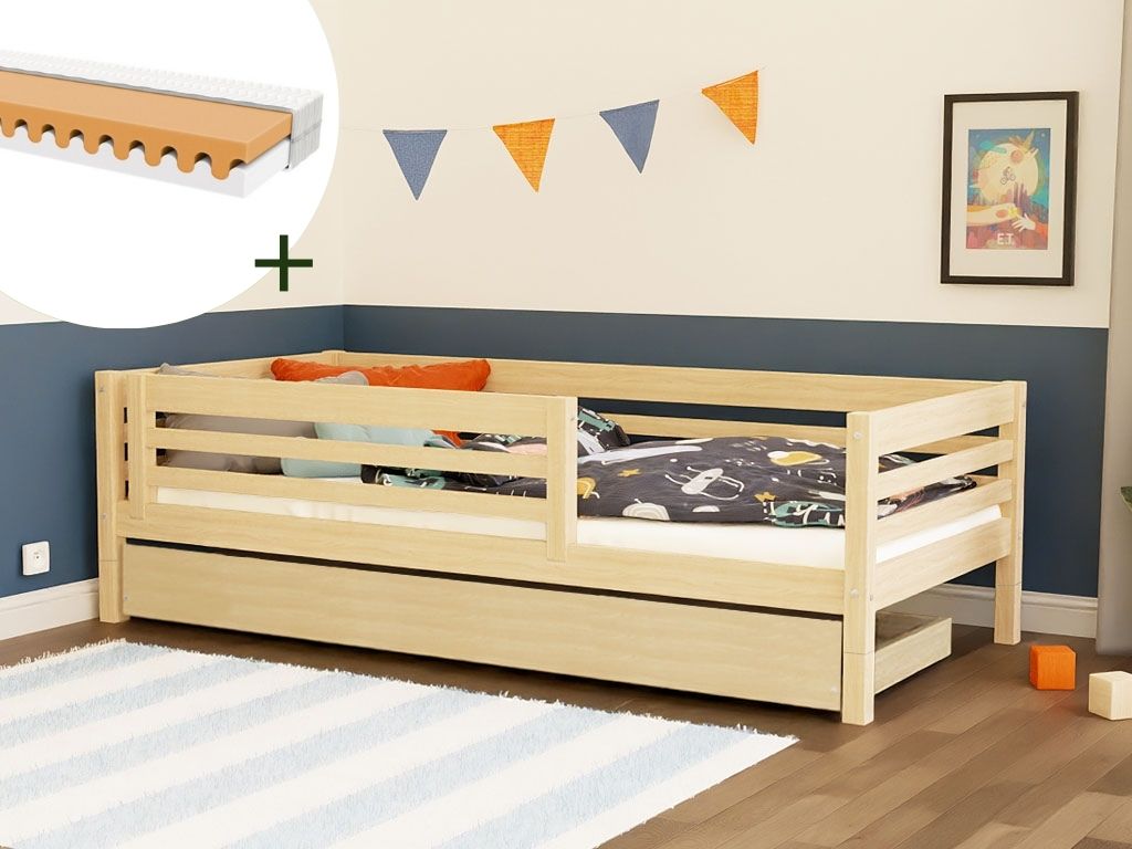Levně Benlemi Vysoká dětská dřevěná postel TULY se zábranou a úložným šuplíkem 90x200 + matrace WAVE Zvolte barvu: Béžová, Zvolte zábranu: S jednou zábranou