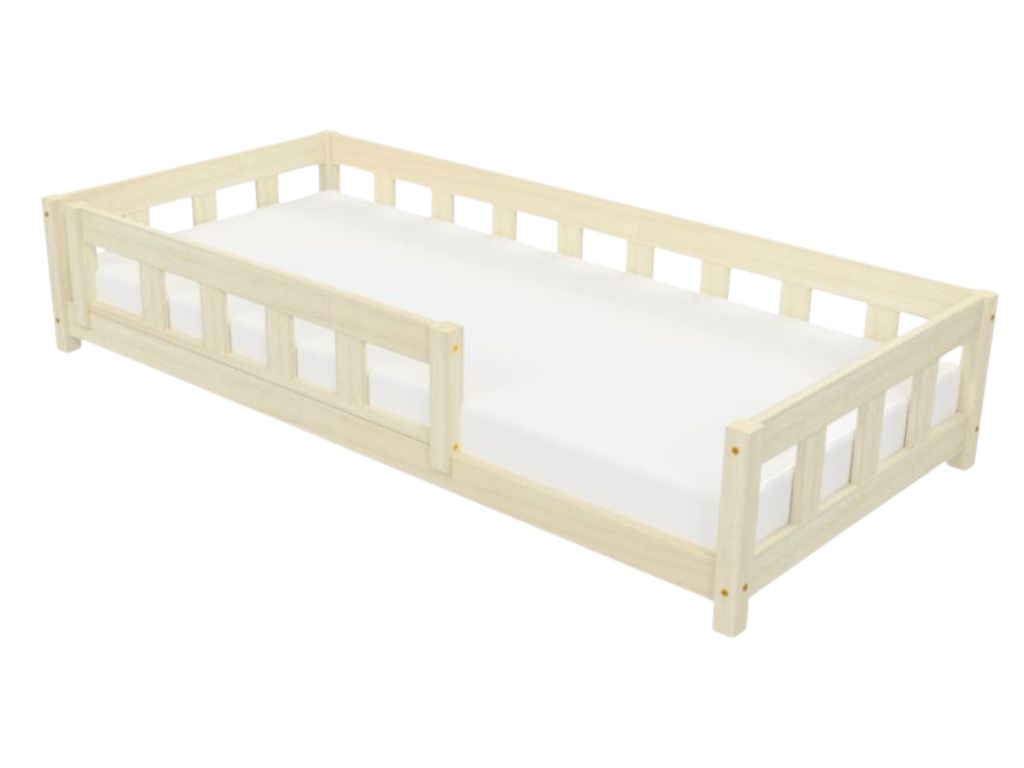 Benlemi Jednolůžková postel PLOTTY se zábranou 90x200 cm + matrace WAVE Zvolte barvu: Nelakovaná, Zvolte zábranu: S jednou zábranou
