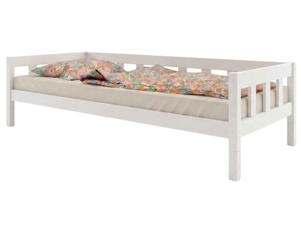 Benlemi Vysoká jednolůžková postel PLOTTY se zábranou 90x200 cm + matrace WAVE Zvolte barvu: Bílá, Zvolte zábranu: S otevřeným vstupem