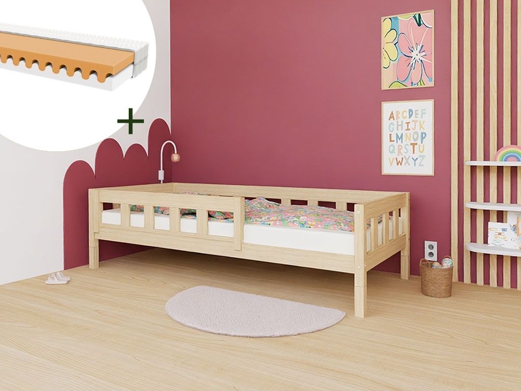 Benlemi Vysoká jednolůžková postel PLOTTY se zábranou 90x200 cm + matrace WAVE Zvolte barvu: Béžová, Zvolte zábranu: S jednou zábranou