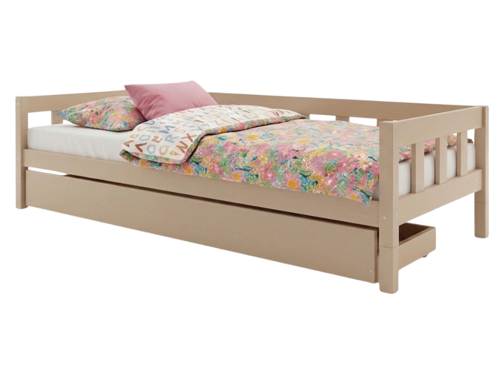Benlemi Vysoká jednolůžková postel PLOTTY se zábranou a úložným šuplíkem 90x200 cm + matrace WAVE Zvolte barvu: Béžová, Zvolte zábranu: S otevřeným v…